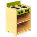 A Whitney Brothers toddler stove with green shelves.