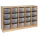 A Whitney Brothers wooden storage cabinet with clear plastic bins on shelves.