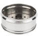 A silver stainless steel dim sum steamer with holes.