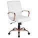 A white office chair with rose gold metal legs and arms.