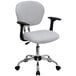 A white Flash Furniture office chair with black armrests and a chrome base.