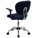 a blue office chair with chrome legs