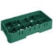 A green plastic Cambro rack with 10 compartments and 2 extenders.
