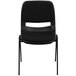 A black Flash Furniture stack chair with metal legs and a black cushion.