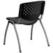 A Flash Furniture black plastic stack chair with a silver metal frame.