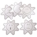Five white plastic suns with different expressions including sad and surprised faces.