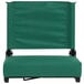 A green stadium chair with black seat and backrest.