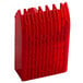 A red plastic container with black handle and holes.