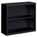 A black Hirsh welded steel bookcase with two shelves.