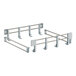 A white metal frame with several hooks for a shelf.
