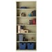 A Hirsh putty steel bookcase with blue and gray baskets on the shelves.