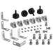 A group of metal parts including metal corners with holes for Avantco Countertop Prep Rails.