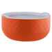 A Bon Chef orange bowl with a white rim and lid.