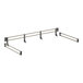 A black and silver metal bar with two hooks.