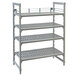 a grey metal shelf with shelves