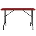 A red rectangular Correll folding table with black legs.