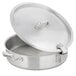 A silver stainless steel Bon Chef brazier pan with a hinged lid.