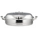 A Bon Chef stainless steel brazier pot with a hinged glass lid.