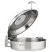 A silver stainless steel Bon Chef brazier pan with a hinged glass lid.