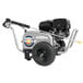 A Simpson gas powered water blaster pressure washer with a hose and wheels.