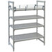 A grey metal shelf with full shelves.