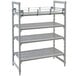 a white metal shelf with shelves