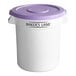 A white Baker's Lane round ingredient storage bin with a purple lid.