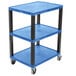 A Luxor blue plastic utility cart with three shelves and black legs on wheels.