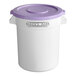 A white Baker's Mark round ingredient storage container with a purple lid.