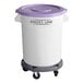 A white Baker's Lane round mobile ingredient storage bin with purple accents and wheels.