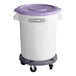A white Baker's Mark ingredient storage container with a purple lid and wheels.