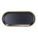 A black oval Elite Global Solutions melamine plate with a gold edge.