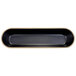 An oval black melamine bowl with a gold edge.