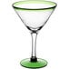 A clear martini glass with a green rim and base.