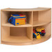 A Whitney Brothers wooden storage cabinet with toys on shelves, including a toy truck with a yellow and blue trailer.