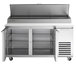 A stainless steel Beverage-Air refrigerated pizza prep table with two doors.