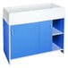 A blue and white Whitney Brothers infant changing cabinet with two shelves.