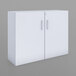 A Whitney White melamine storage cabinet with silver handles.