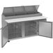 A stainless steel Beverage-Air refrigerated pizza prep table with clear lids over two doors.