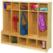A wooden Whitney Brothers five section seated coat locker.