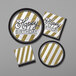 A white and gold striped paper plate with black text.