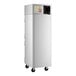 A tall, stainless steel, top-mounted reach-in freezer with half solid doors and casters for mobility.