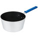 A Vollrath Wear-Ever aluminum sauce pan with a blue silicone handle.