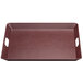 A mahogany woodgrain rectangular melamine room service tray with handles.