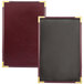 A burgundy leather menu cover with gold corners.