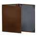 A brown leather menu cover with silver corners.