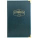 A blue leather H. Risch, Inc. Seville menu cover with gold writing.