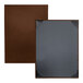 A close up of a brown leather H. Risch Inc. Tamarac menu cover with black trim.