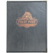 A black leather H. Risch, Inc. Seville menu cover with a custom logo of a horse.