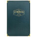 A dark green evergreen® leather menu cover with a single view and custom insert.